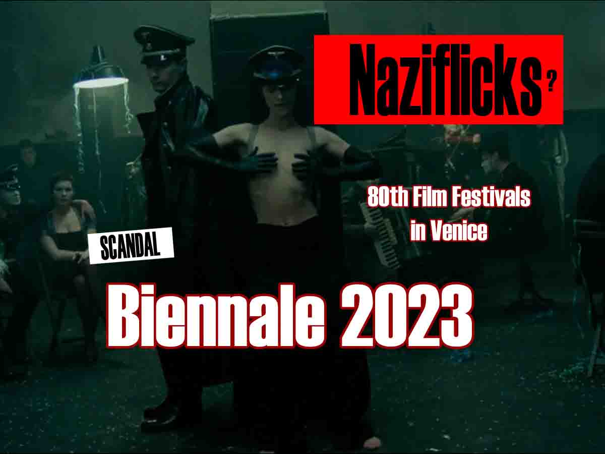 Das gezeigte Nazifilmchen aus den 70ern. Eine Frau, wohl ein Naziopfer, steht in SS-Uniform da, aber "oben ohne", d.h. mit nackter Brust. Sie steht zentral im Bild in hypnotisierender Pose. Die Farben sind abendlich halbdunkel. Es ist eine Art Spelunke und es sind ettliche andere Personen in solchen Posen in der Szene zu sehen.