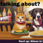 Cats and Dogs sitting at a table eating pasta and burger. Trump looking like a zombie points his fingers at them.
