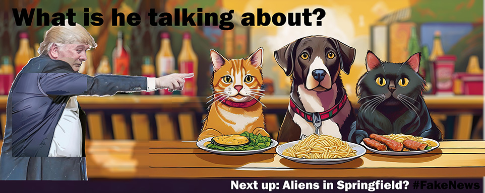 Cats and Dogs sitting at a table eating pasta and burger. Trump looking like a zombie points his fingers at them.