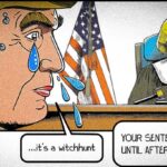 Comic picture of Trump in front of a female judge. He cries and mumbles something about a "witch hunt", trying to gaslight the public.