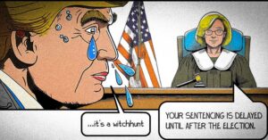 Comic picture of Trump in front of a female judge. He cries and mumbles something about a "witch hunt", trying to gaslight the public.