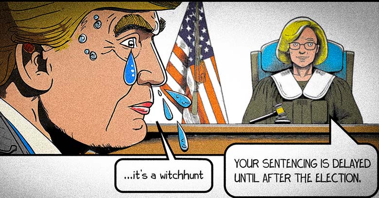 Comic picture of Trump in front of a female judge. He cries and mumbles something about a "witch hunt", trying to gaslight the public.