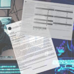 Two Gen Z style hackers in the dark, with neon lights, in the center two of the leaked documents.