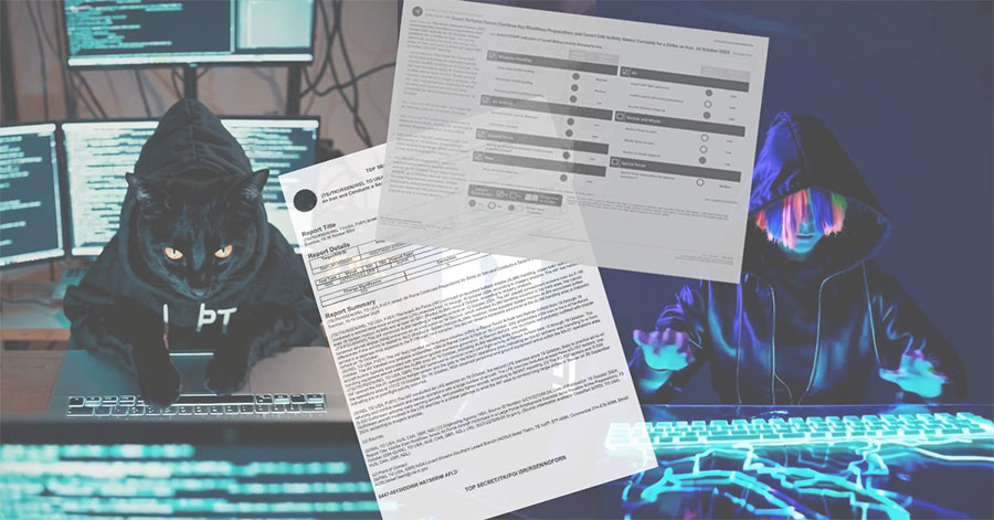 Two Gen Z style hackers in the dark, with neon lights, in the center two of the leaked documents.